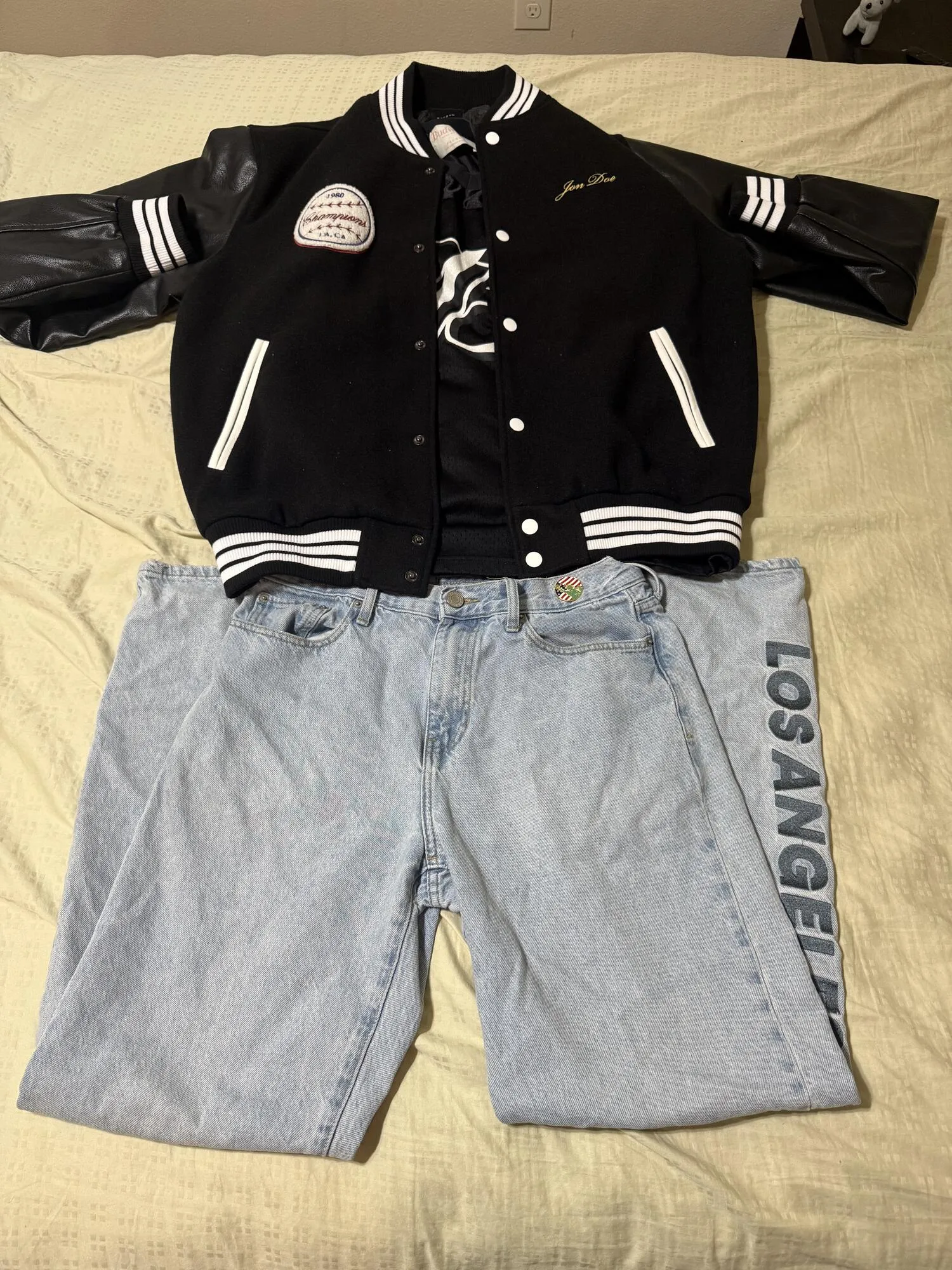 Pacsun LA Jeans, Budweiser Jersey, Varsity Jacket
