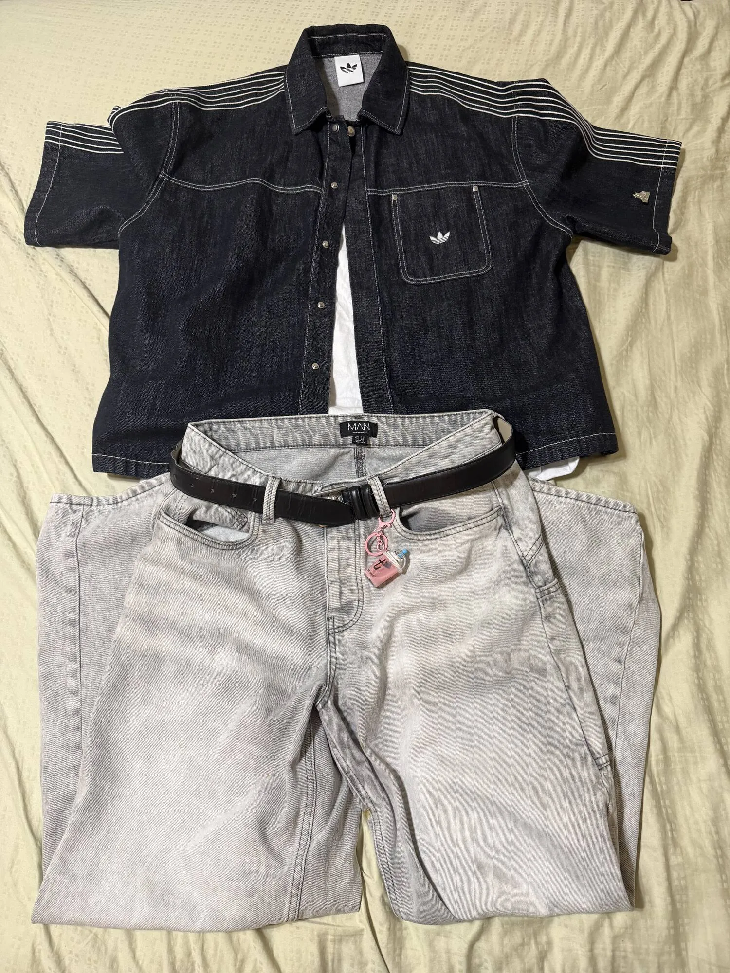 Boohooman Baggy Jeans, Stussy T-Shirt, and Adidas Denim Overshirt