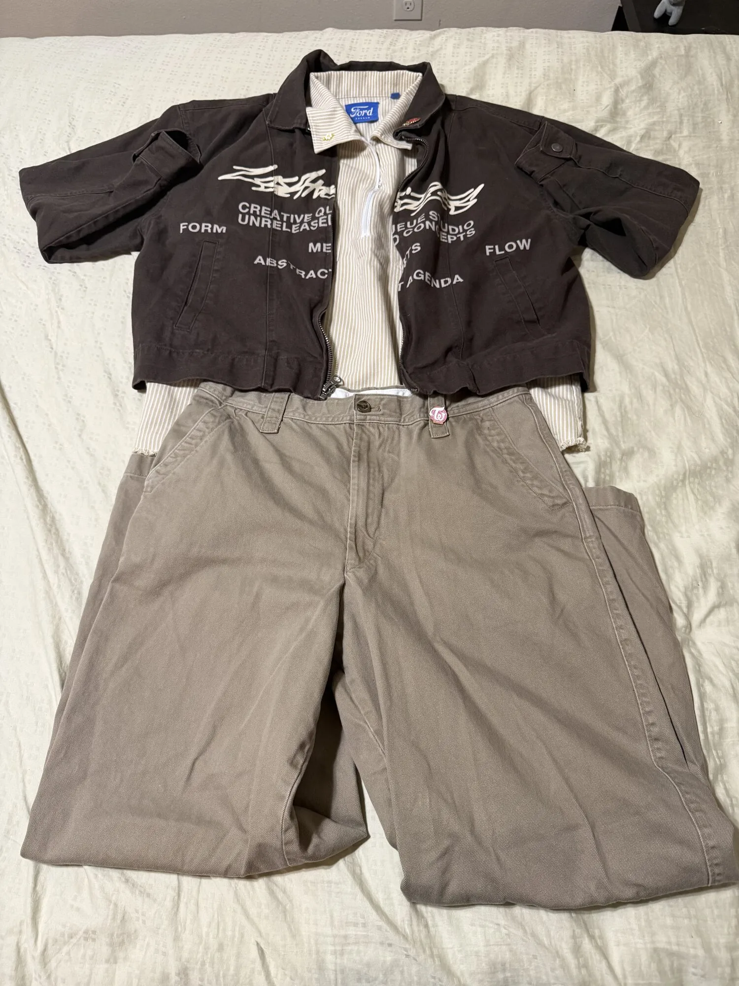 Uniqlo Chinos, Ford Shirt, and Pacsun Denim Jacket