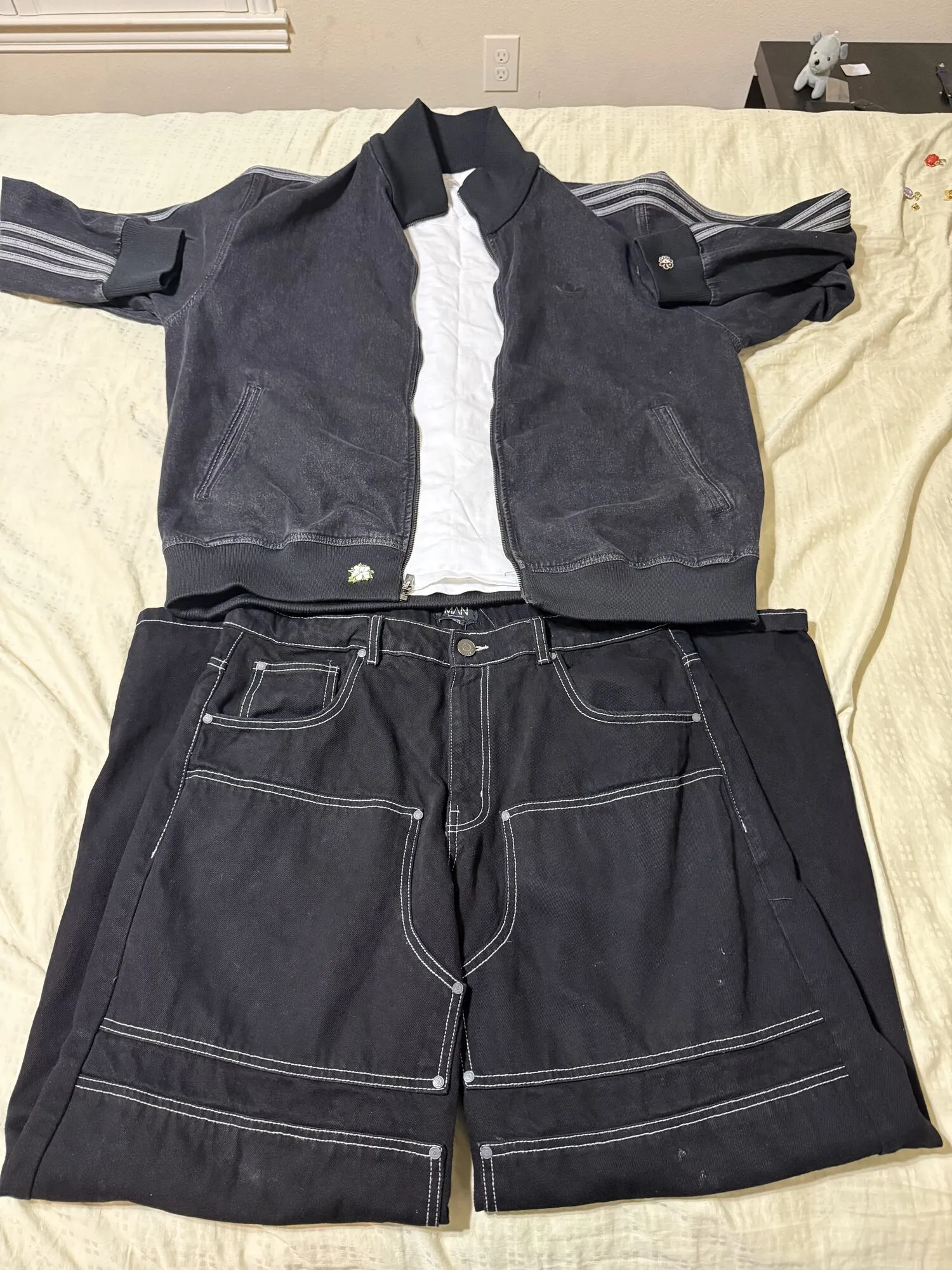 Boohooman Shadow Pants, Zara T-Shirt, Adidas Firebird Denim Jacket